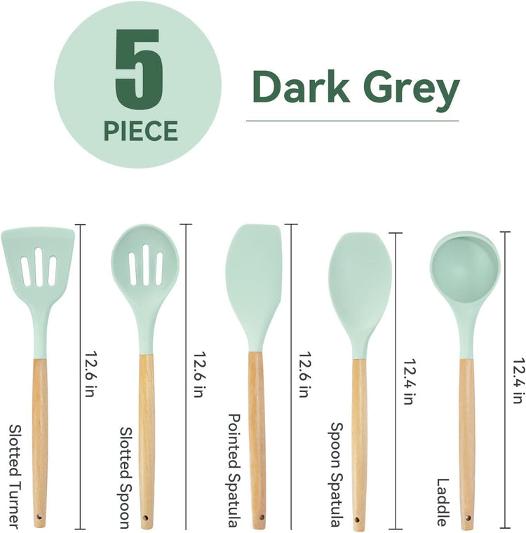 Kitchen Utensils Set, 5 Pcs Non-Stick Silicone Kitchen Cooking Utensils with Wooden Handle, Kitchen Spatula Cookware Utensils Set, Heat Resistant Silicone Kitchen Gadgets (Light Green)