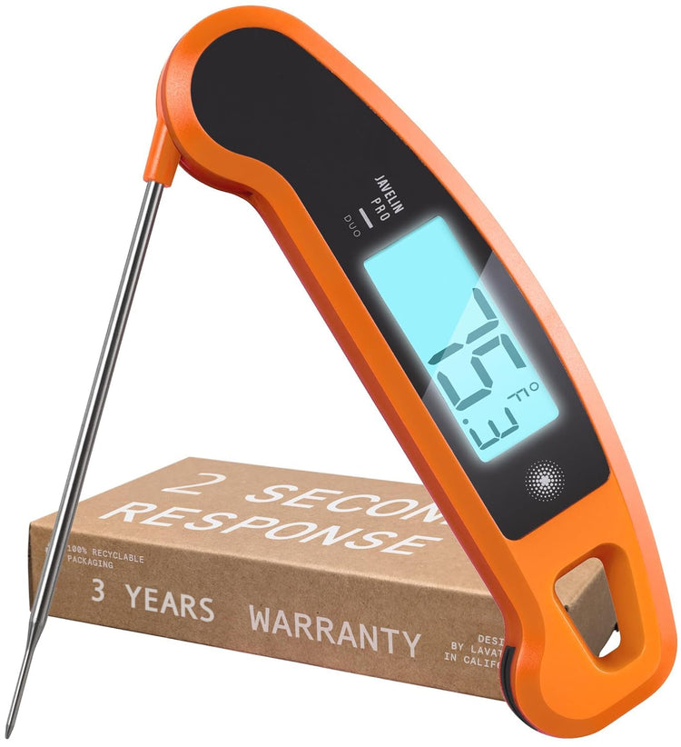 Lavatools Javelinยฎ PRO Duo Ultra-Fast 2-Second Professional Digital Instant Read Meat Thermometer for Grill and Cooking, Auto-Rotating Backlit Display, IP65 Water Resistant, NSF Certified โ Tangerine