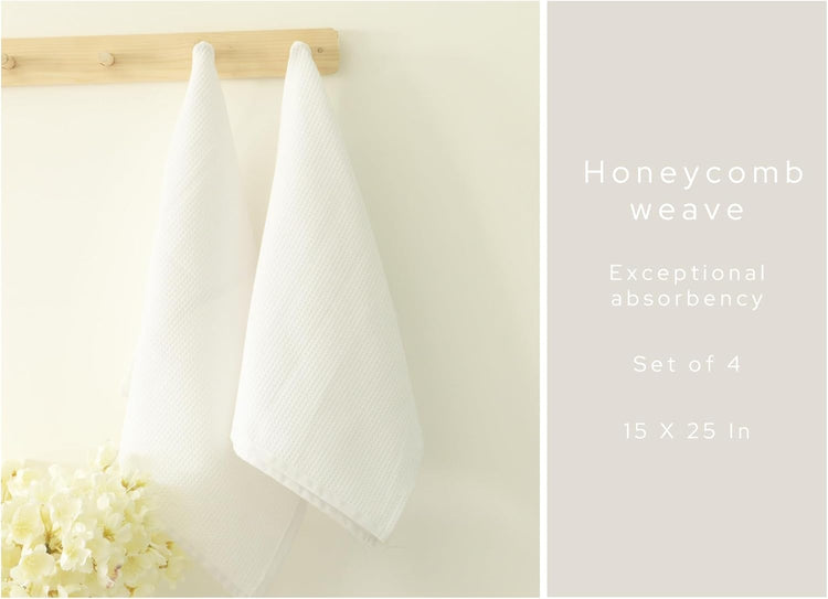 PurpleEssences Waffle Weave Kitchen Towel, 100% Cotton - 15 x 25 Inches, with Hanging Loop Ultra Soft Absorbent Quick Drying Dish Cloth, Tea and Hand Towels, 4 Pack - Spring Summer - White - Nestoria