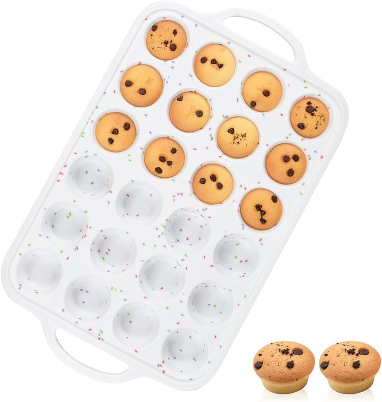 CAKETIME Mini Muffin Pan,Metal Reinforced Frame Silicone Cupcake Pan,Easy To Handle Nonstick 24 Cups Small Muffin Pan, White