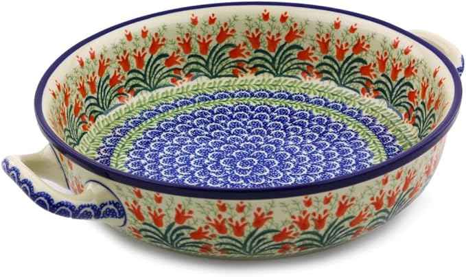 Polmedia Polish Pottery Round Baker with Handles 10-inch - Crimson Bells Pattern Handmade in Boleslawiec Poland by Ceramika Artystyczna + Certificate of Authenticity