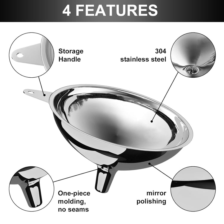 Stainless Steel Large Funnel (5.7"" X 0.55"" Mouth), Metal Funnel for Bottle Filling, Food Funnel for Oil, Juice, Wine, Coffee, Honey, Milk(Without Filter)