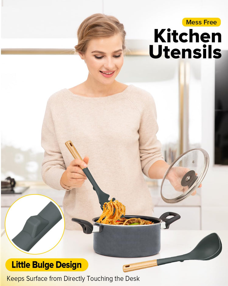 Silicone Soup Ladle and Spaghetti Spoon Set with Wooden Handle (2 Count)