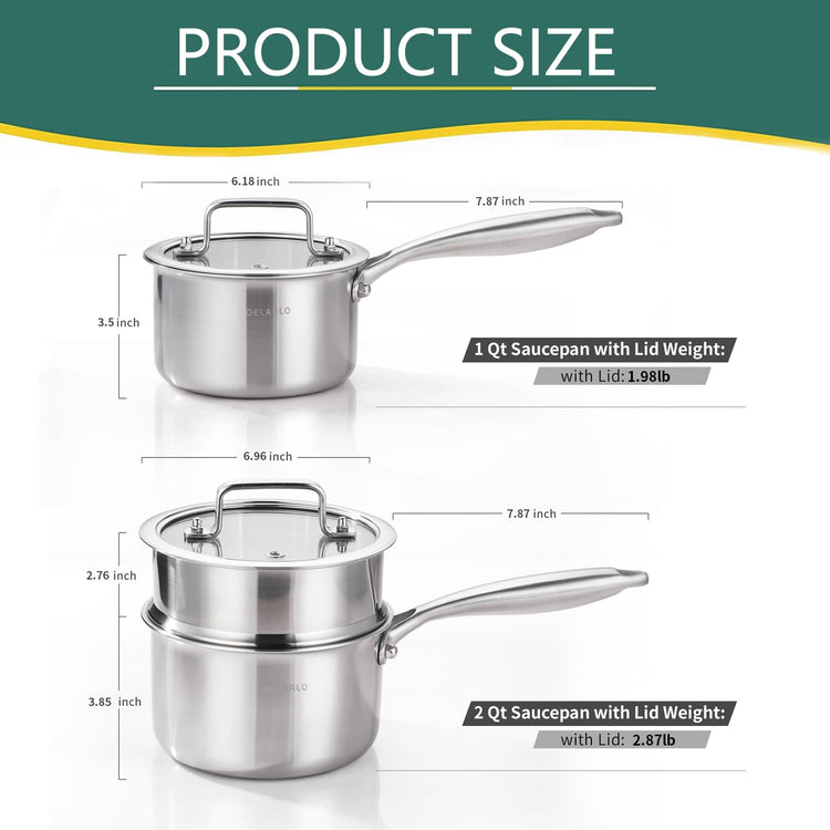 Tri Ply Stainless Steel Saucepan 1QT 2QT Kitchen Pot Set (2 Count)