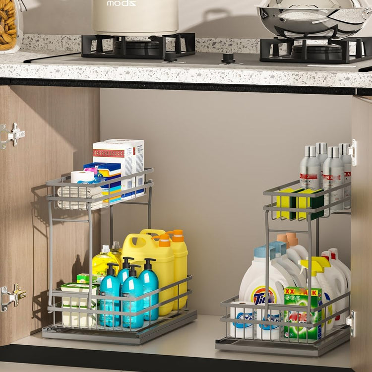 2 Pack Under Sink Organizers and Storage, 2 Tier Pull Out Cabinet Organizer, Metal Sliding Drawer Storage for Kitchen Bathroom,Gray