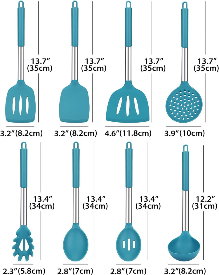 Silicone Cooking Utensil Set, 8Pcs Non-stick Cookware with Stainless Steel Handle, BPA Free Heat Resistant Kitchen Tools with Spatulas, Turners, Spoons, Skimmer and Pasta Fork