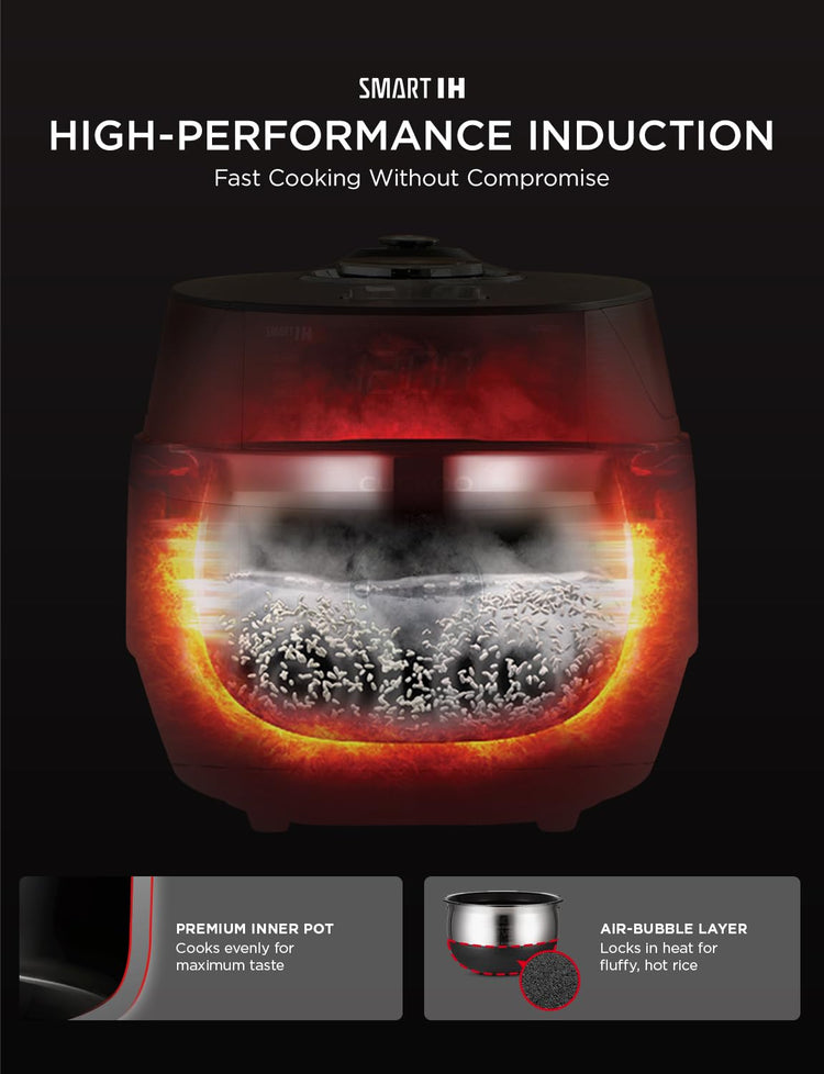 CRP-JHR1009F | 10-Cup (Uncooked) Induction Heating Pressure Rice Cooker | 19 Menu Options, Auto-Clean, Voice Guide, Made in Korea | Copper