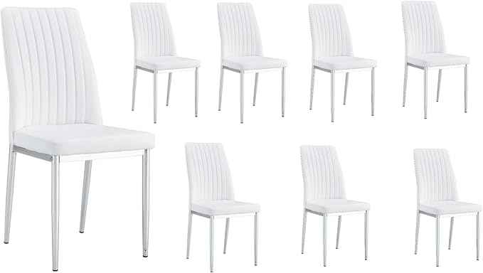 White Modern Dining Chairs Set - PU Leather Armless Upholstered Chairs with Chrome Legs for Dinner Room, Waiting Room (Set of 8, White)