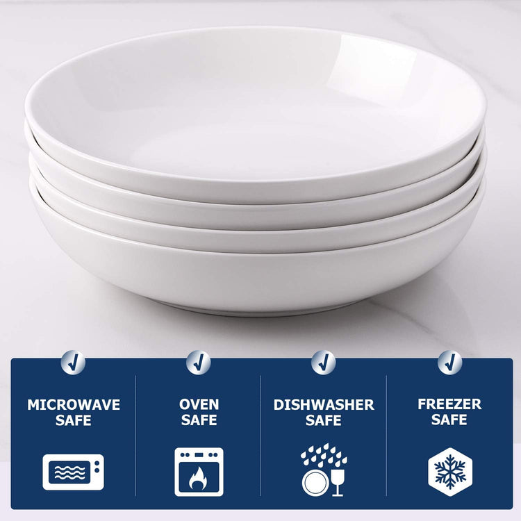 DOWAN 9.75" Pasta Bowls Set of 4, Large Shallow White Ceramic Salad Bowls, 50oz Wide Dinner Bowls for Pasta, Soup, Salad & Stew, Microwave & Dishwasher Safe, Housewarming Gift