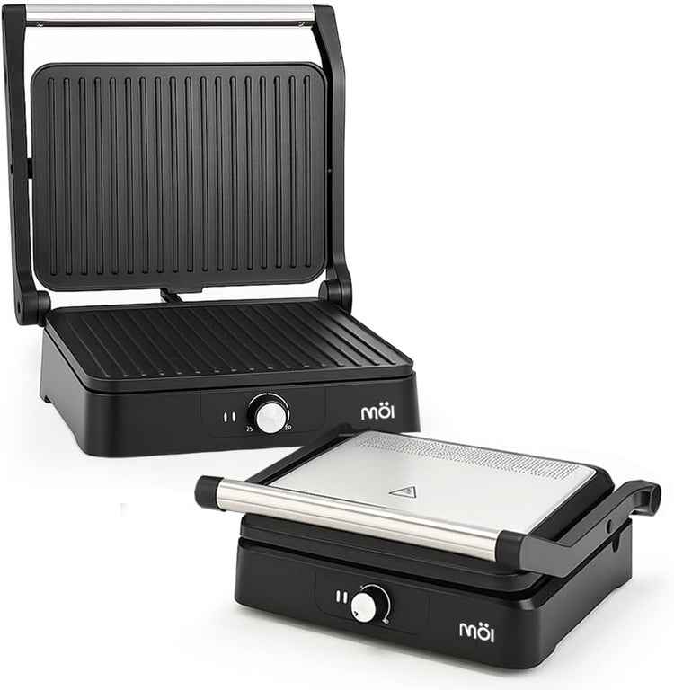 MOI Panini Press Grill & Sandwich Maker - 180Β° Dual-Plate Stainless Steel Grill Press for Paninis, Grilled Cheese, Burgers, Quesadillas, Breakfast, and More - 11 x 9 Inch Panini Maker with Drip Tray