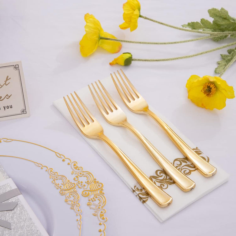 Liacere 200pcs Gold Plastic Forks - Heavyweight - 7.4 Inch Heavy Duty Plastic Forks - Gold Plastic Silverware Perfect For Parties & Weddings & Restaurants & New Year And Daily Using