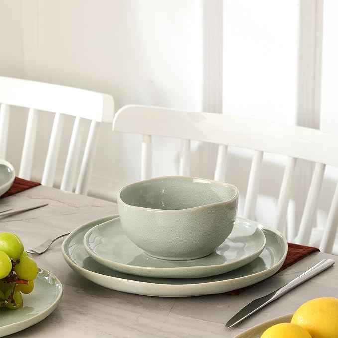 Stone Lain Mirella 12-Piece Stoneware Dinnerware Set for 4 – Reactive Glaze Light Green – Includes Dinner Plates, Salad Plates & Deep Bowls – Organic Modern Design, Microwave & Dishwasher Safe