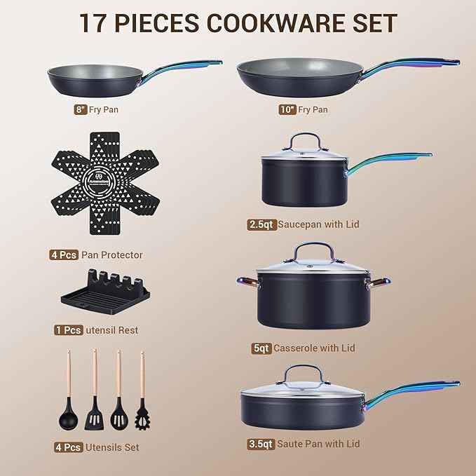 Ammeloo 17 Pcs Ceramic Cookware Set, Induction Pots and Pans Set Non Stick, Premium Colored Stay Cool Handle, Non Toxic PFOA PFOS Free, Oven Safe & Compatible with All Stovetops, Black