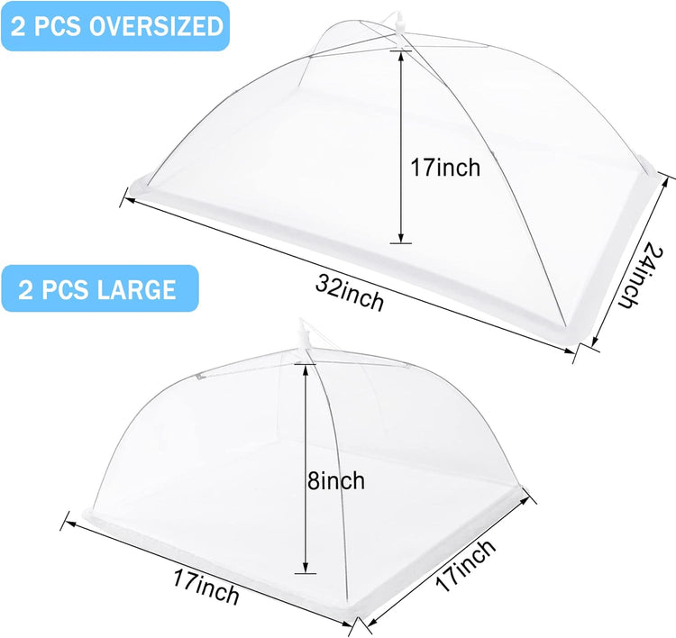 JULBEAR 4 Pcs Large and Tall Mesh Food Cover Tent Umbrella Food Screen Covers for Outside Pop-up Mesh Reusable Food Nets for Parties Picnics Outdoor BBQs Collapsible (2 Pcs 32"x24", 2 Pcs 17"x17")