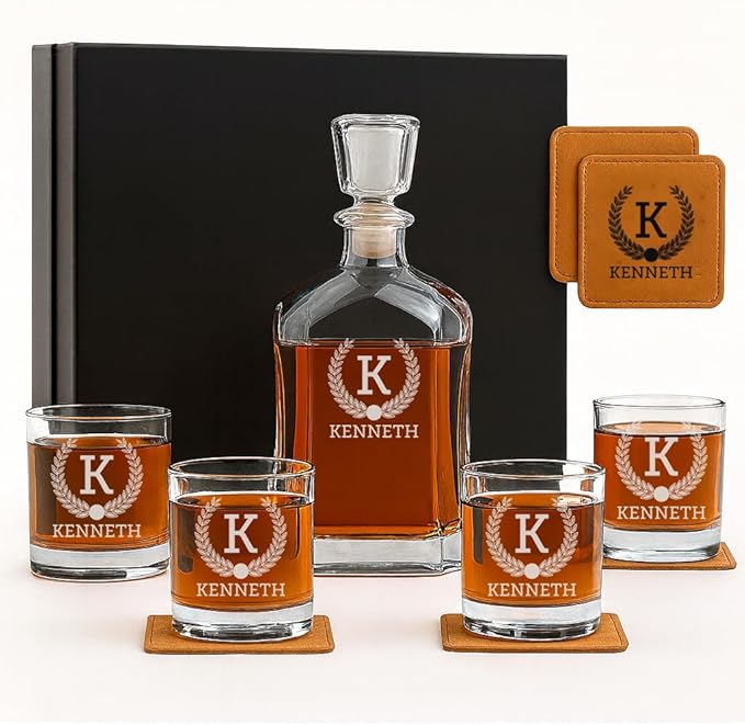 Personalized Whiskey Decanter Set, Whiskey Decanter Sets for Men, Customized Gifts for Men, Whisky Decanter Sets, Bourbon Decanter Set, Engraved Custom Scotch Glasses Liquor Lovers for Christmas