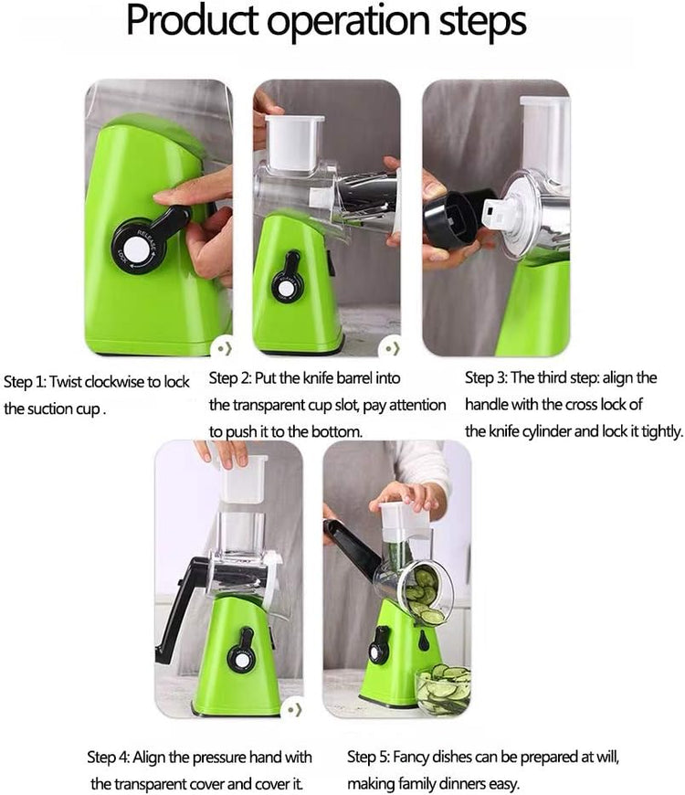 Manual Rotary Potato Grater Kitchen Mandoline Vegetable Slicer,with 3 Interchangeable Blades,Easy to use (Green)