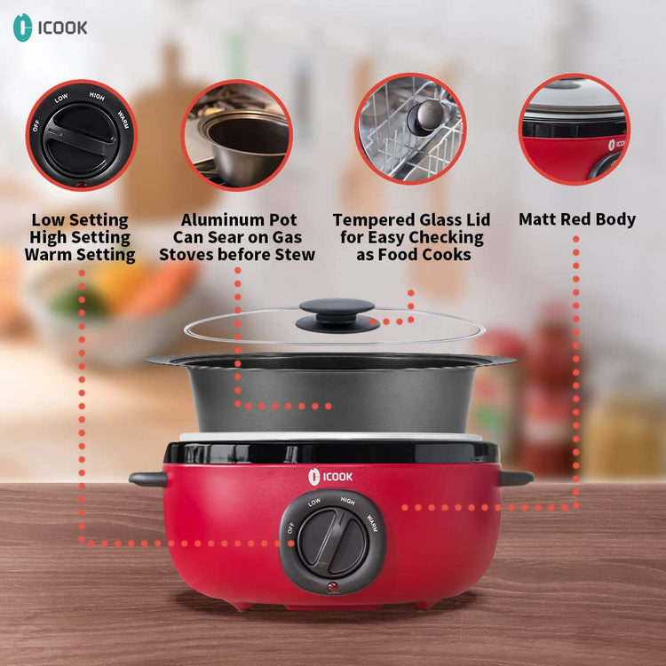USC-65-OP001RD 6.5 Quart Slow Cooker,Aluminium Sear/Sauté Stew Pot Stovetop safe,Dishwasher Safe,Glass Lid,Adjustable Temp,Food Warmer(Red)