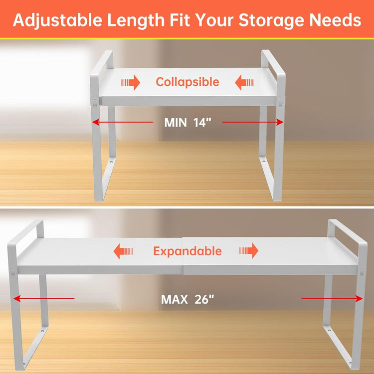 Expandable Cabinet Shelf Organizer Rack 9 inch, Pantry Organizer Lengthen from 14” to 25” , Large Kitchen Cabinet Storage Shelf Rack, Storage Organizer white,Spice Rack Expandable Shelves,