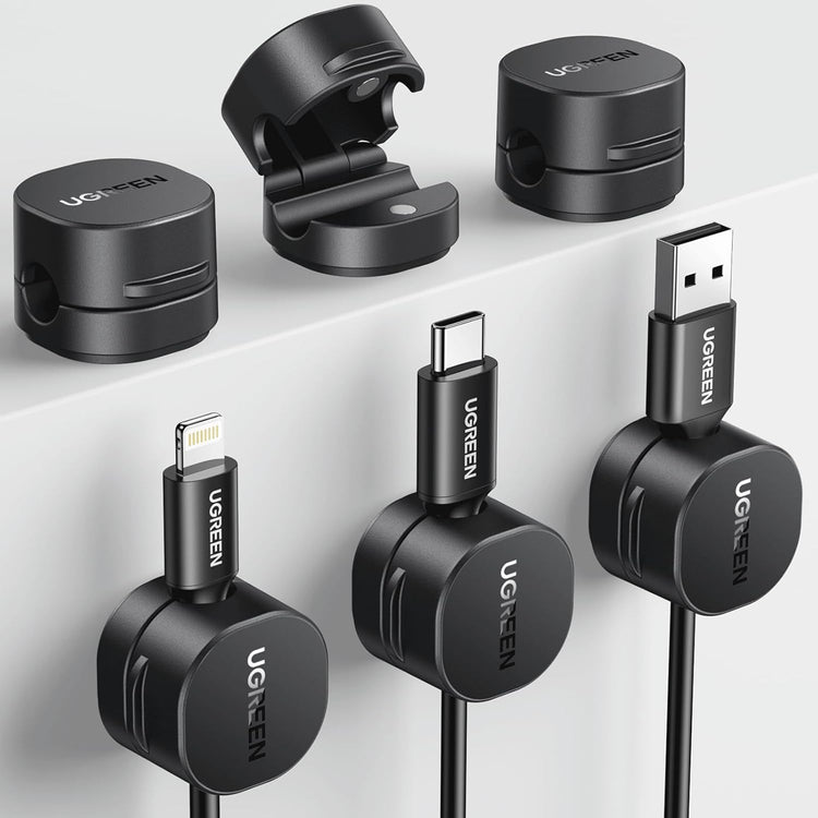 UGREEN Cable Organizer Clips, Adhesive Cable Management - 6-Pack Strong Magnetic Cord Holder for Desk to Keep Phone Charging Cables, Computer Cords, and Various Cord Organized for Nightstand, Black