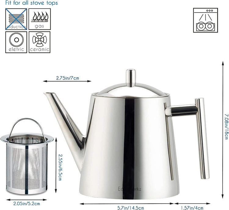 Easyworkz Stainless Steel Teapot With Removeable Infuser 50 oz (1500ml) Stovetop Tea Maker for Fruit Herbal and Infusion