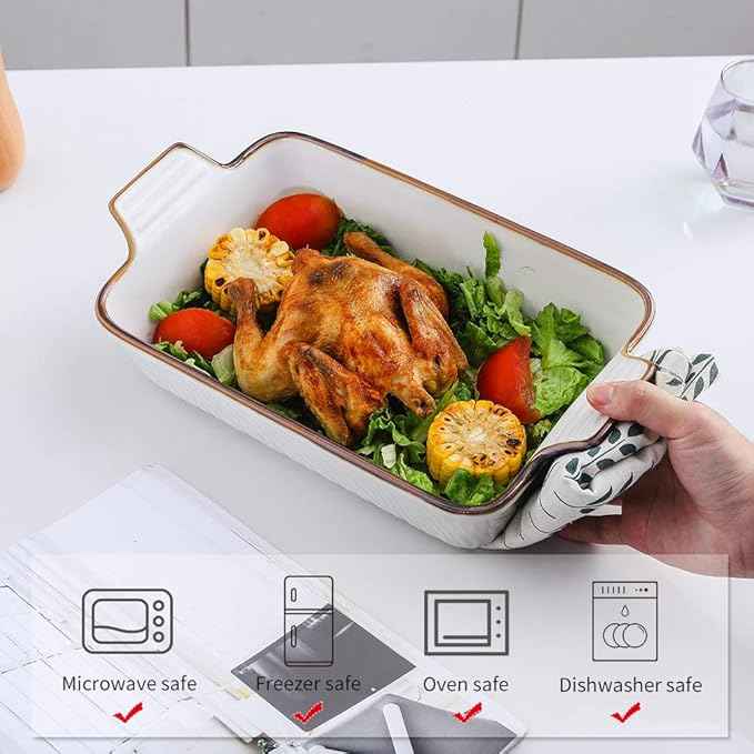 KOOV Bakeware Set, Ceramic Baking Dish Set, Rectangular Casserole Dish Set, Lasagna Pans for Cooking, Cake Dinner, Kitchen, 9 x 13 Inches, Texture Series 3-Piece (White)