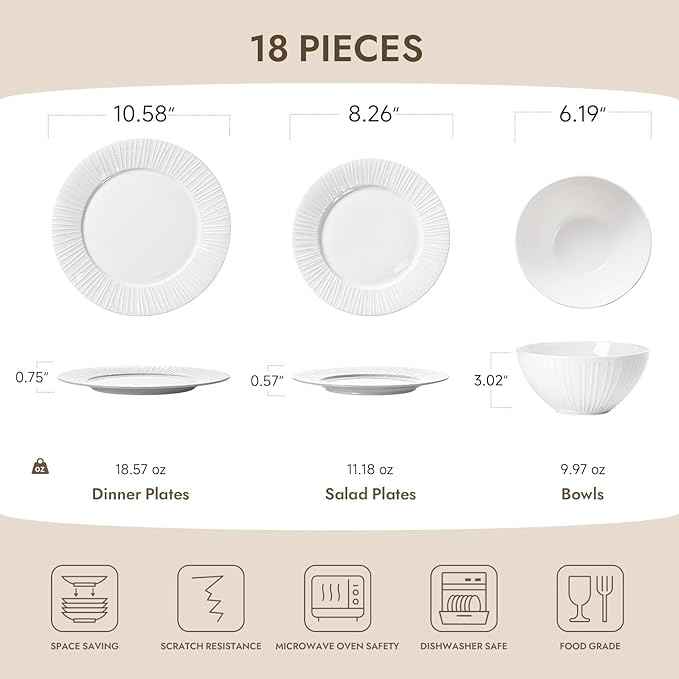 KINGSTONE Bone China Dinnerware Set, 18-Piece White Lightweight Porcelain with Textured Design Service for 6, Plates, Bowls, for Family Dining, Restaurants, Gifting,Microwave and Dishwasher Safe