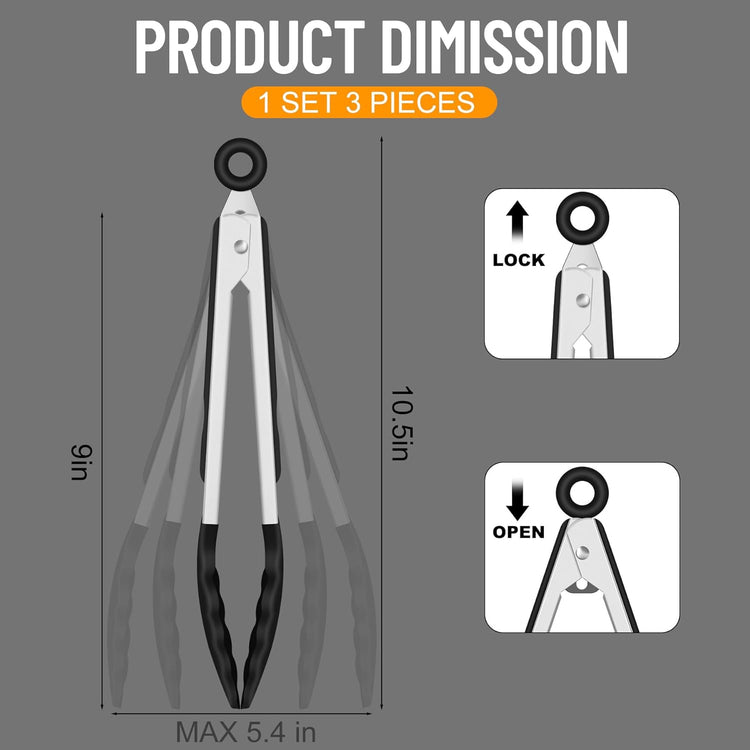 Hotec Silicone Kitchen Tongs for Cooking 9-Inch Serving Tongs with Silicone Tips, Set of 3 (Black)