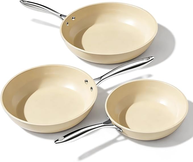 UUKRAVE Nonstick Ceramic Frying Pan Set, Ceramic Pan Skillet for Cooking, Healthy & Non-Toxic, PFAS/PTFE/PFOA-Free, Induction Compatible, Dishwasher & Oven Safe, 8"/9.5"/11", Cream
