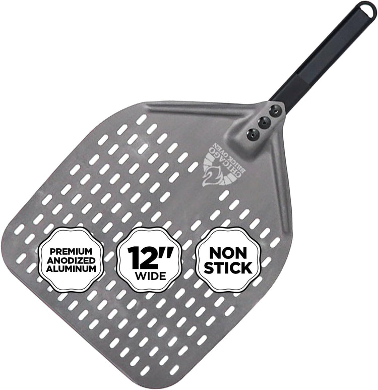 Perforated Pizza Peel - 12"x15" Anodized Aluminum Pizza Steel, 11" Handle, 26" Overall Length - Ideal Pizza Turning Peel for Pizza Oven, Brick Oven, Baking Bread