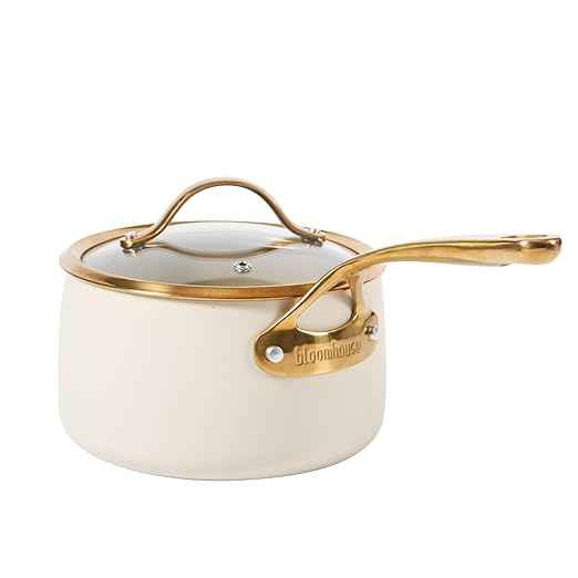 Bloomhouse - Two Time Oprah's Favorite Things Winner - 3 Quart Heavy Duty Aluminum Premium PFA Free Ceramic Nonstick Saucepan with Lid - Almond Cream w/Gold Handle