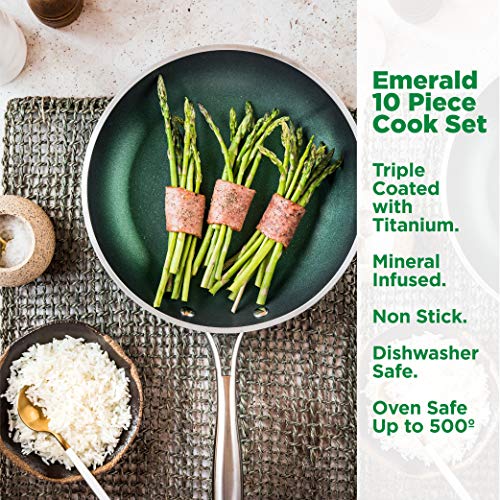 Diamond Granite Stone Classic Emerald Pots and Pans Set with Ultra Nonstick Durable Mineral & Diamond Tripple Coated Surface