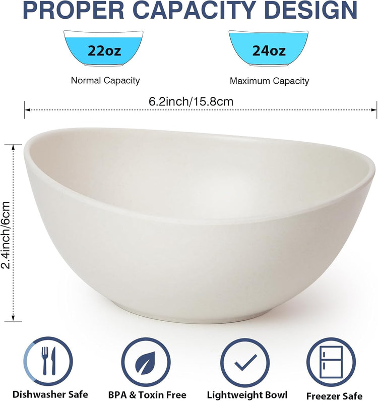 6.2'' Bamboo Fiber Cereal Bows Set of 6, Soup Bowls 24 Oz for Serving Salad, Snack, Side Dishes, Modern Oval Lightweight Bowls for Breakfast, Lunch and Dinner, Dishwasher and Freezer Safe(Matte White)