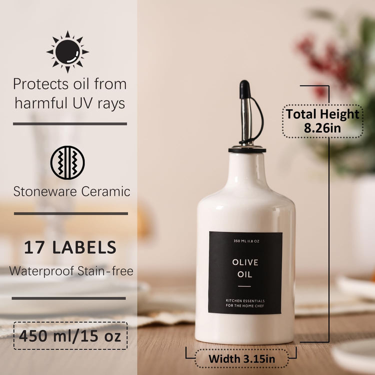 HOMCDALY Ceramic Olive Oil Dispenser Bottle, 16oz Oil Dispenser Bottle for Kitchen, Oil Container, Kitchen Oil Dispenser(White)