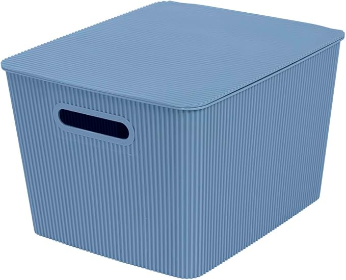 Glad Storage Baskets with Lids - Set of 4 Stackable Plastic Boxes with Handles - Decorative Shelf Organizer Bins for Bathroom and Closet, Blue, 4.7 Gallon