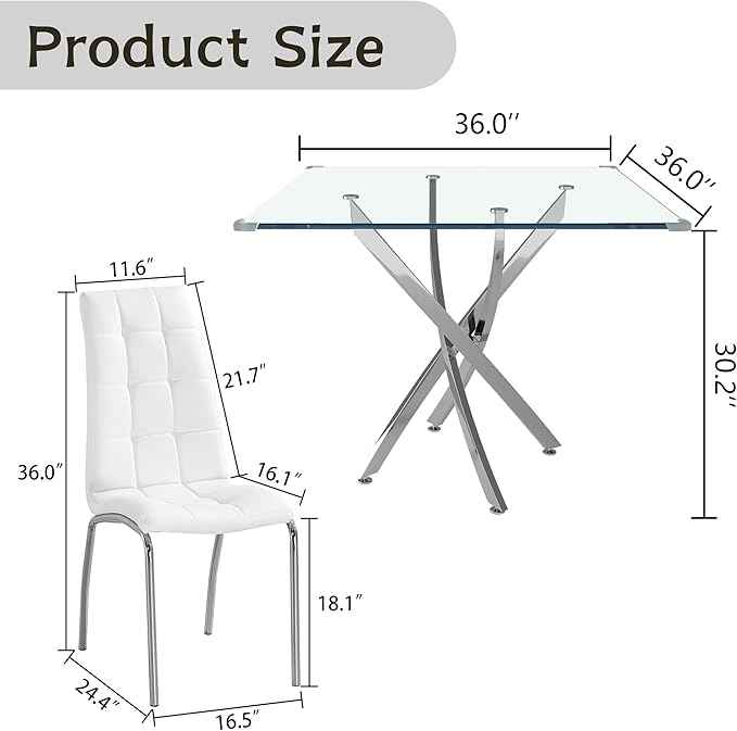 5 Piece Square Glass Dining Table Set, Round Tempered Glass Kitchen Table for 4, Modern Table with 4 High-Back Upholstered Chairs for Kitchen Dining Room (Silver Legs, 4 White Chairs)