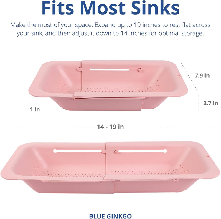 BLUE GINKGO Over the Sink Colander Strainer Basket - Wash Vegetables and Fruits, Drain Cooked Pasta and Dry Dishes - Extendable - New Home Kitchen Essentials (7.9 W x 14.5-19.5 L x 2.75 H) (Pink)