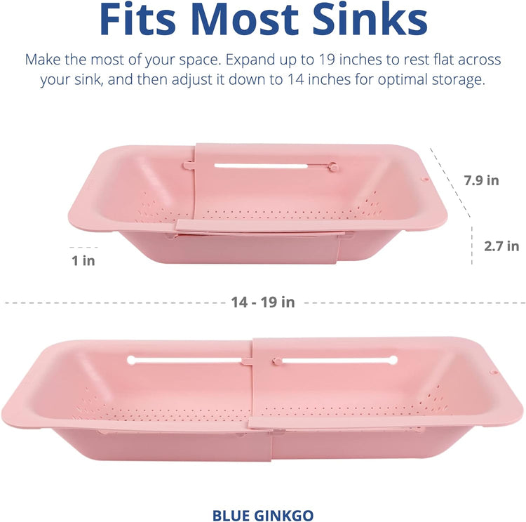 BLUE GINKGO Sink Colander Baskets - (Pack of 2) Wash Vegetables and Fruits, Drain Cooked Pasta and Dry Dishes - Extendable - New Home Kitchen Essentials (2 Pink)