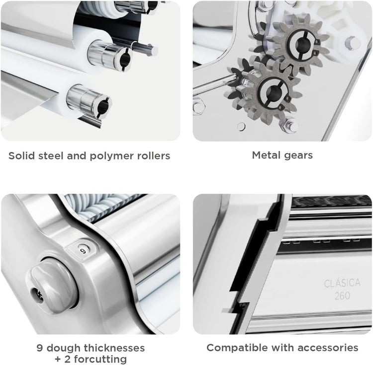 PASTALINDA Classic 260 Pasta Maker Machine, 26 cm Wide Rollers, 9 Thickness Positions, 2 Cutting Positions, Stainless Steel. Includes Reinforced Hand Crank And Two Clamps (Chrome)