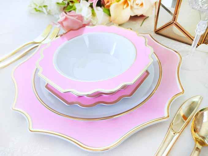 " OCCASIONS " 320 Piece set (40 Guests)-Heavyweight Wedding Party Disposable Plastic Plate Set - 40 x 10.5'' + 40 x 8'' + Silverware + Cups + Napkins (Imperial in Rose Pink & Gold)
