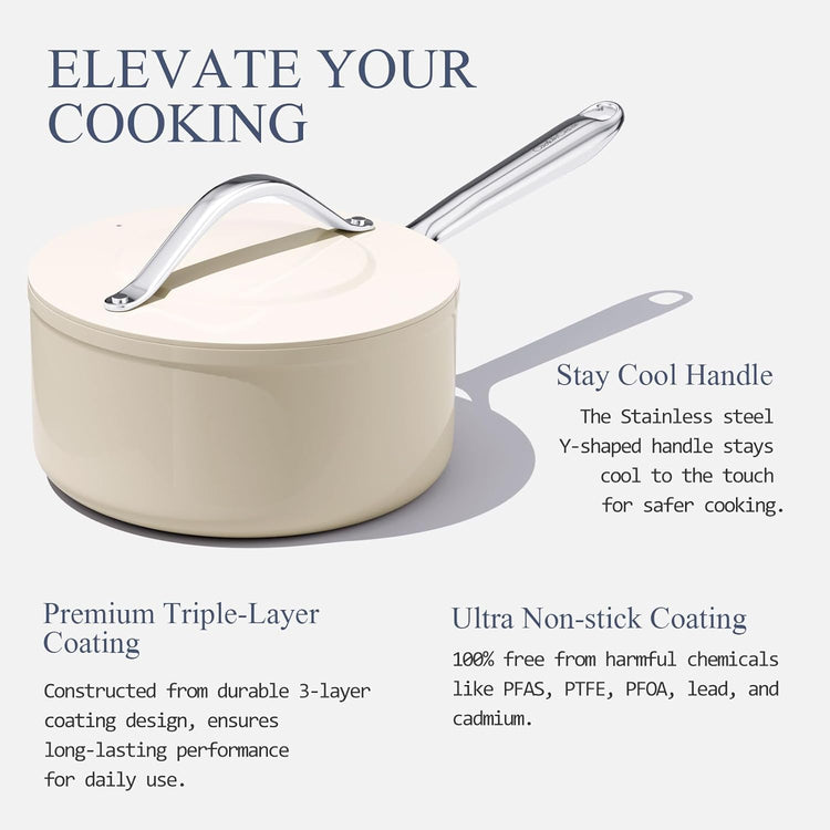 3.5qt Nonstick Ceramic Sauce Pan with Lid (8.19") Even Heat Distribution, Non Toxic & PFAS Free Healthy Cooking Pot for All Stovetops (Induction/Gas/Electric), Oven Safe 500ยฐF, Cream