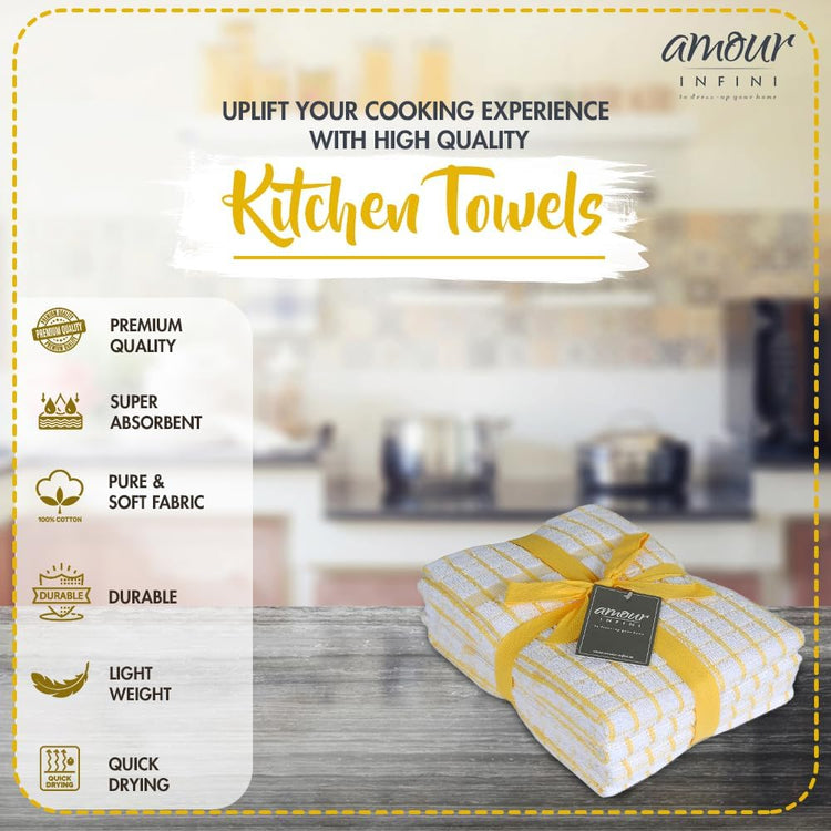 AMOUR INFINI Kitchen Towels Set of 4 - Highly Absorbent, Super Soft Terry Cotton 20x28 Inch Dish Towels with Hanging Loop - Hand & Tea Towels for Cleaning & Drying Dishes (Yellow) - Nestoria