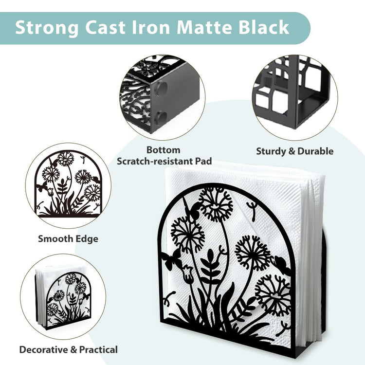 Dandelion Decorative Black Metal Napkin Holder for Table