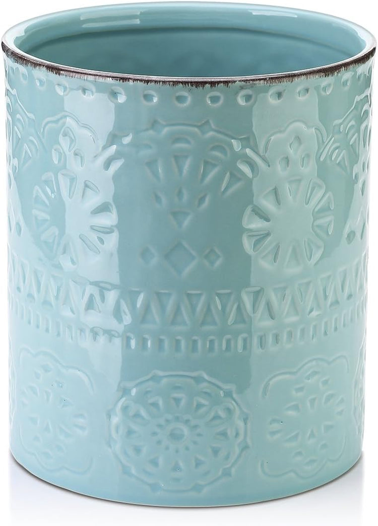 DOWAN 7.2" Kitchen Utensil Holder, Extra Large Farmhouse Utensil Holders for Countertop, Ceramic Utensil Crock, Anti Slip Cork Bottom (Blue, 7.2 Inch)