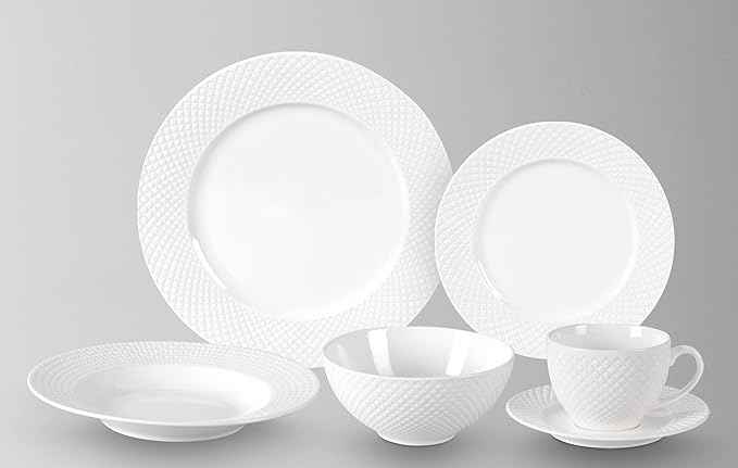 HomeVss, New Bone China Dinnerware Set, Embossed Diamond Design, 48pc Set