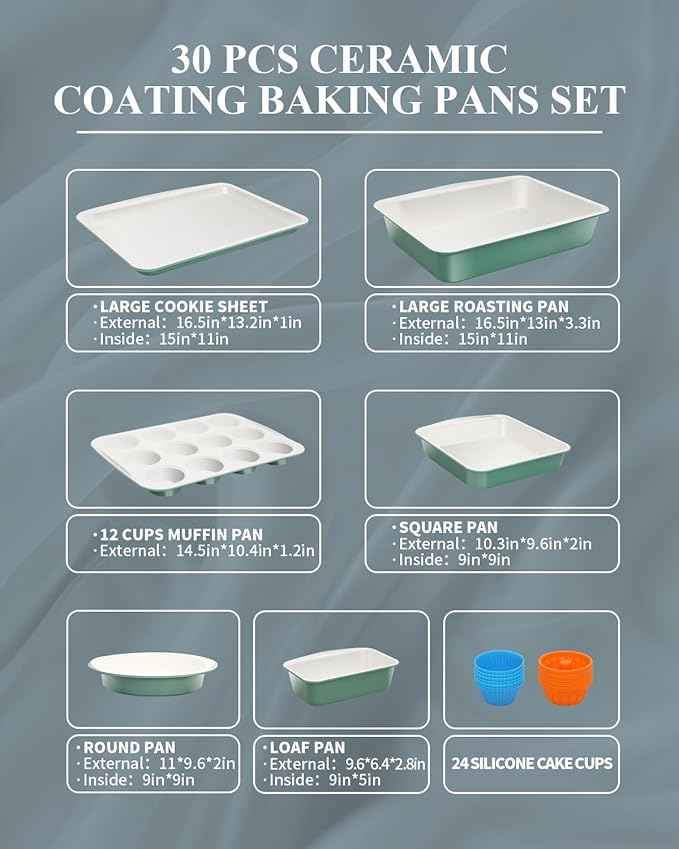 Ceramic Nonstick Baking Pans Set, Non Toxic 30 PCS Stackable Bakeware Sets, 550°F Oven Safe Baking Sheet & Pans, Warp-Free, Dishwasher Safe, PTFE/PFOA/PFOS-Free (Green)