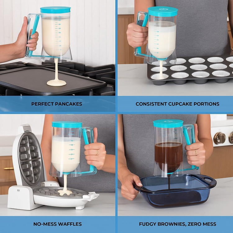 Pancake Batter Dispenser - Kitchen Must Have Tool for Perfect Pancakes, Cupcake, Waffle, Muffin Mix, Cake & Crepe - Easy Pour Baking Supply for Griddle - Pancake Maker with Measuring Label (Turquoise)