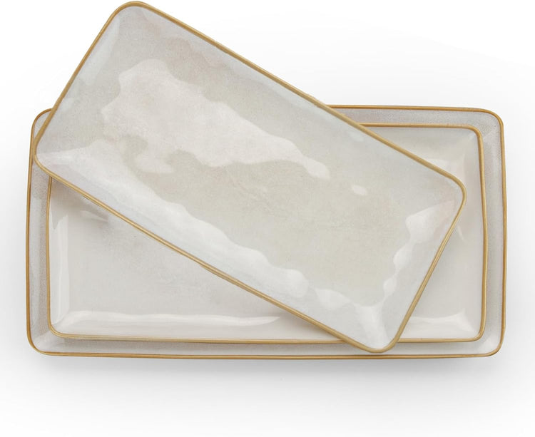 famiware Serving Platter, Rectangular 15.67/14.1/12.6 inch Serving Dishes for Entertaining, Microwave Dishwasher Safe, Stonware Serving Trays for Party, Turkey, Cheese, Ocean Series, Cappuccino White