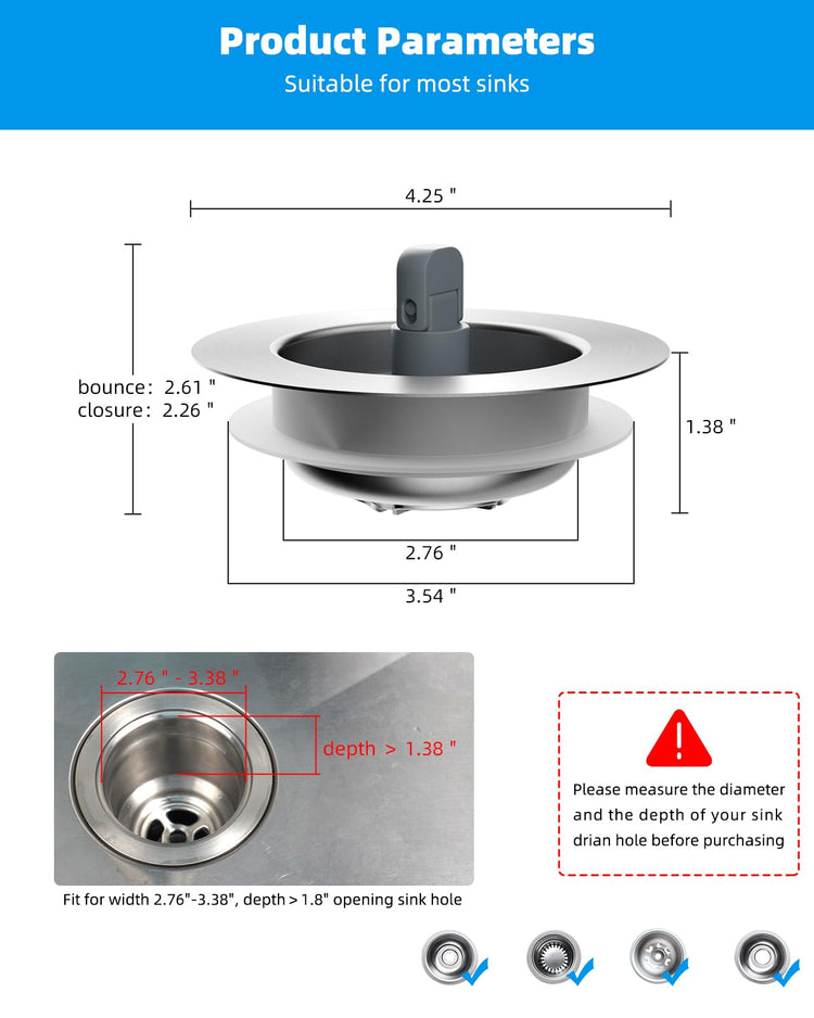 2 Pack 3 in 1 Kitchen Sink Drain Strainer and Stopper Combo