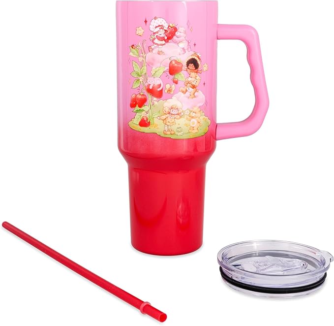 Silver Buffalo Care Bears and Strawberry Shortcake Ombre Double Walled Stainless Steel Tumbler with Handle, Fits in Standard Cup Holder, 40 Ounces