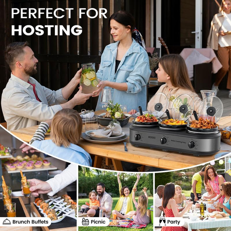 Triple Slow Cooker Buffet Server and Food Warmer 3x1.5 Quart Individual Temp Control With Lid Rests & Spoons With Liners Included Grey